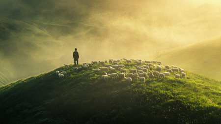 Shepherd standing on top of a hill, contemplating a flock scattered across a meadow generative aiの素材