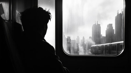 person looking out of a train window, exterior cityscape, generative aiの素材