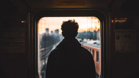 person looking out of a train window, exterior cityscape, generative aiの素材