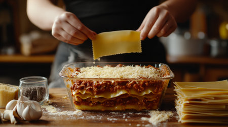 Person layering ingredients in a glass lasagna dish, grated cheese and pasta sheets. generative aiの素材