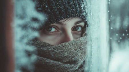 Person with a scarf around his neck, looking through the frosty window of a train generative aiの素材