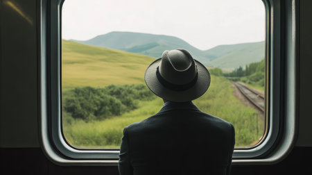 Person with hat looking out of a train window towards the hills generative aiの素材