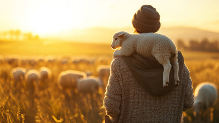 Shepherd carrying a lamb on his shoulders, flock in the distance generative aiの素材