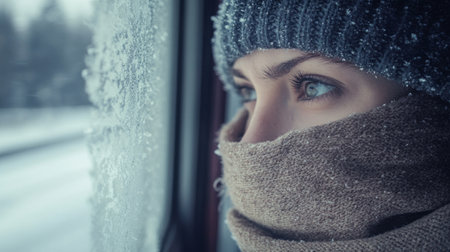 Person with a scarf around his neck, looking through the frosty window of a train generative aiの素材