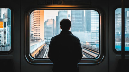 person looking out of a train window, exterior cityscape, generative aiの素材