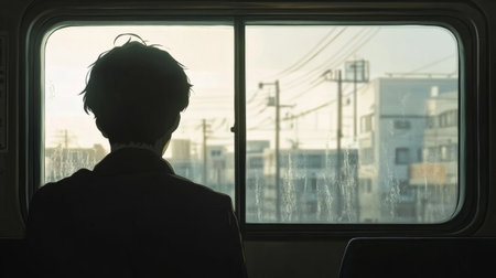 person looking out of a train window, exterior cityscape, generative aiの素材