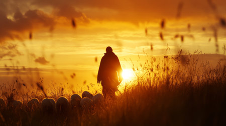 shepherd leading a flock of sheep at sunset generative aiの素材