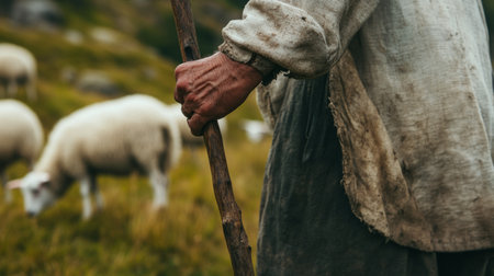 hand of a shepherd holding a staff, sheep grazing in the background, generative aiの素材
