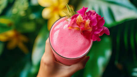 Vibrant pink dragon fruit smoothie, held by one hand, generative aiの素材
