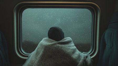 Passenger wrapped in a blanket, looking at a starry night sky through the train window. generative aiの素材