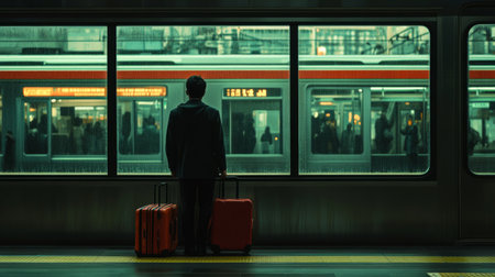 Passenger with a suitcase at his side, watching a bustling station through the train window, generative aiの素材