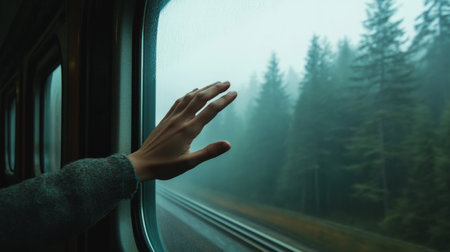 Passenger resting his hand against the window of a train, misty forest outside, generative aiの素材