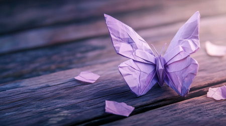 Soft purple origami butterfly on a textured wooden surface, generative aiの素材