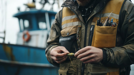 Fisherman in vest with multiple pockets, preparing a lure, fishing boat in the background, generative aiの素材