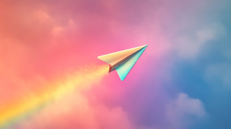 Paper airplane surrounded by vibrant rainbow colors in a sky generative aiの素材