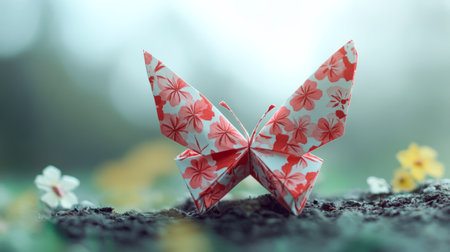 Elegant origami butterfly folded in paper with floral motifs generative aiの素材