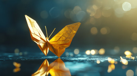 Golden origami butterfly floating on a reflective glass surface generative aiの素材
