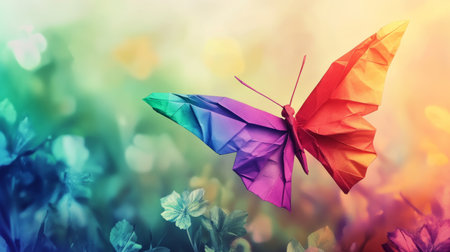 origami butterfly with rainbow colors in flight generative aiの素材
