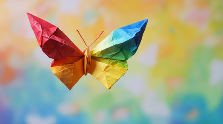 origami butterfly with rainbow colors in flight generative aiの素材