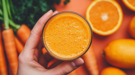 Glass of orange and carrot smoothie, vibrant orange tones, generative aiの素材