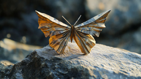 Origami butterfly with sharp folds and intricate design, resting on a natural stone generative aiの素材