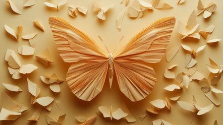 Intricate origami butterfly sculpture surrounded by scattered pieces of folded paper generative aiの素材