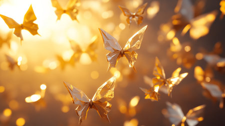 Golden and silver origami butterflies glowing softly under a warm spotlight generative aiの素材