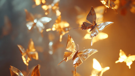 Golden and silver origami butterflies glowing softly under a warm spotlight generative aiの素材