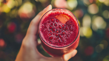 Glass of pomegranate smoothie held by one hand, bright red tones generative aiの素材