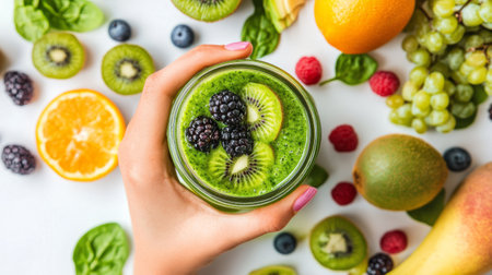 Green kiwi and spinach smoothie in a mason jar, holding it in your hand generative aiの素材