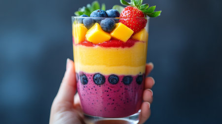 Hand holding a layered fruit smoothie with layers of mango, strawberry and blueberry. generative aiの素材