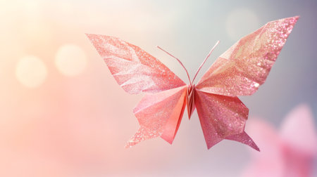 Origami butterfly made with glittering paper, softly lit against a pastel background generative aiの素材