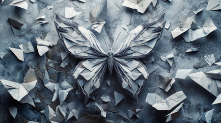 Intricate origami butterfly sculpture surrounded by scattered pieces of folded paper generative aiの素材