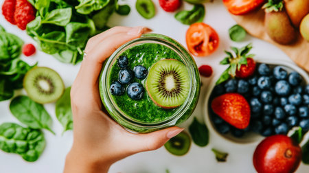 Green kiwi and spinach smoothie in a mason jar, holding it in your hand generative aiの素材