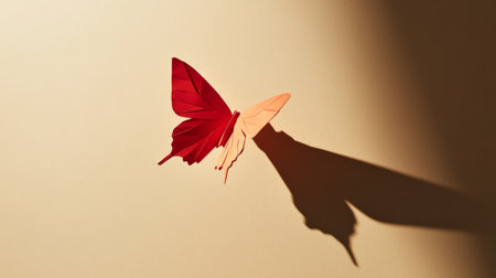 Origami butterfly suspended mid-air, casting a delicate shadow on a plain background generative aiの素材