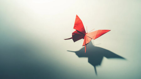 Origami butterfly suspended mid-air, casting a delicate shadow on a plain background generative aiの素材
