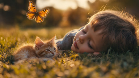 Boy lying on the grass, looking at a butterfly with his kitten snuggled up generative aiの素材