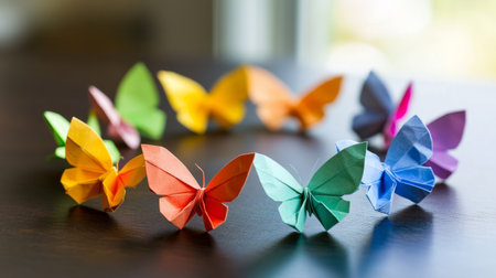 Cluster of colorful origami butterflies arranged in a circular formation on a table generative aiの素材