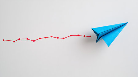 Blue paper plane flying upward along a red line graph generative aiの素材