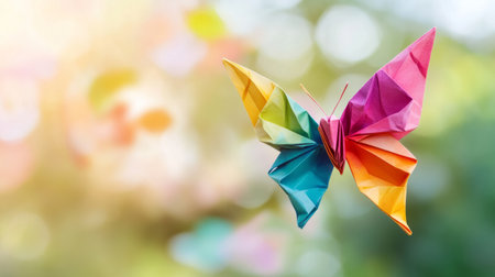 origami butterfly with rainbow colors in flight generative aiの素材