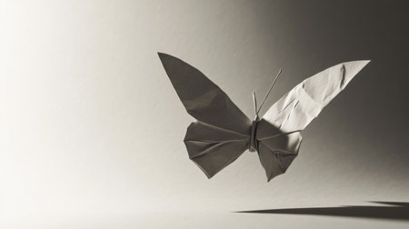 Origami butterfly suspended mid-air, casting a delicate shadow on a plain background generative aiの素材