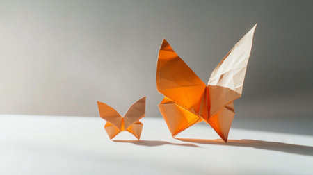 origami butterflies, one large and one small, on a white surface generative aiの素材