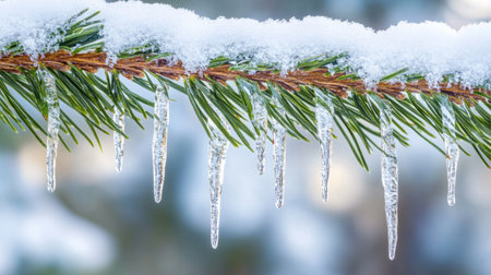 Snow-covered pine branch with icicles hanging, cold winter background, generative aiの素材