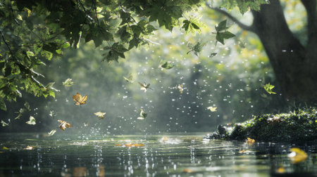 Sycamore leaves fluttering in the air, soft water droplets shimmering in the soft afternoon light. generative aiの素材