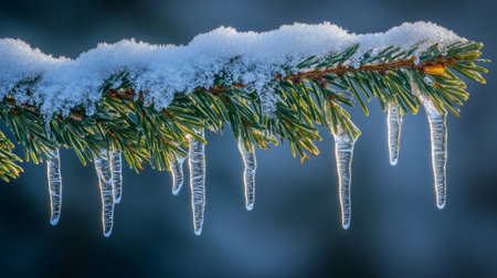 Snow-covered pine branch with icicles hanging, cold winter background, generative aiの素材