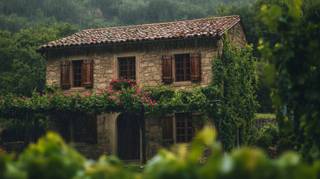 Stone country house with wooden shutters, water drops falling from nearby vineyards, generative aiの素材