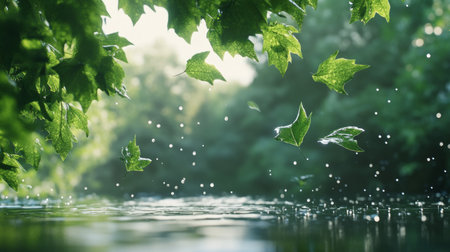 Sycamore leaves fluttering in the air, soft water droplets shimmering in the soft afternoon light. generative aiの素材