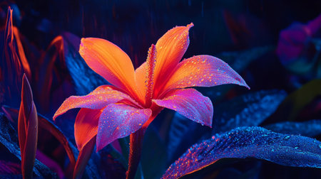 Tropical rainforest flower with neon colors, glistening with water droplets under a soft mist generative aiの素材