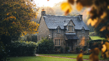 Traditional stone house located in the countryside, water drops falling from tree leaves, calm morning light generative aiの素材