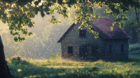 Traditional stone house located in the countryside, water drops falling from tree leaves, calm morning light generative aiの素材